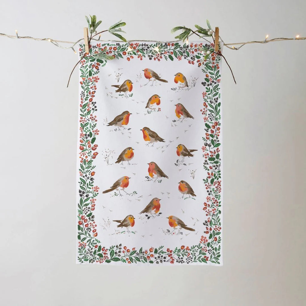 Ulster Weavers Robins & Berry Border Recycled Blend Cotton Tea Towel in White