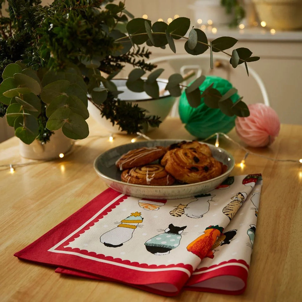 Ulster Weavers Christmas Cats in Waiting Cotton Tea Towel in Red