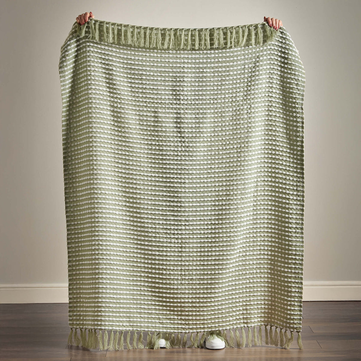 Catherine Lansfield Stab Stitch Embellished Blanket Throw in Sage Green
