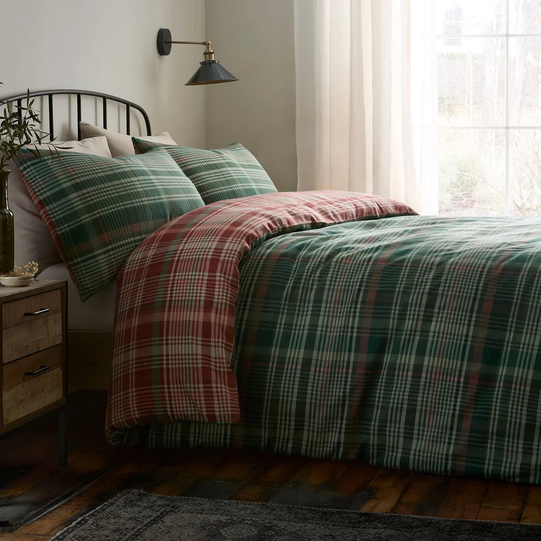 Dreams & Drapes Bennet Check reversible brushed cotton duvet cover set in green.