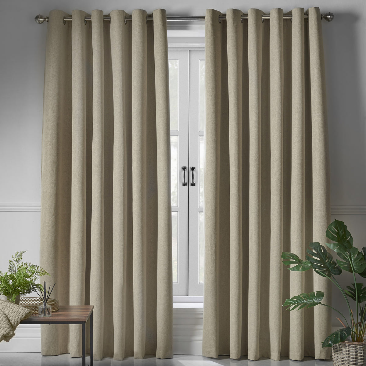 Linen Look Blackout Eyelet Curtains in Beige