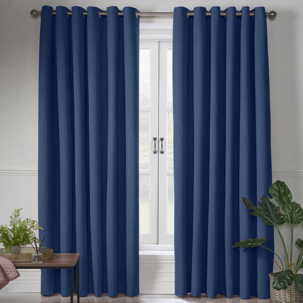 Linen Look Blackout Eyelet Curtains in Blue