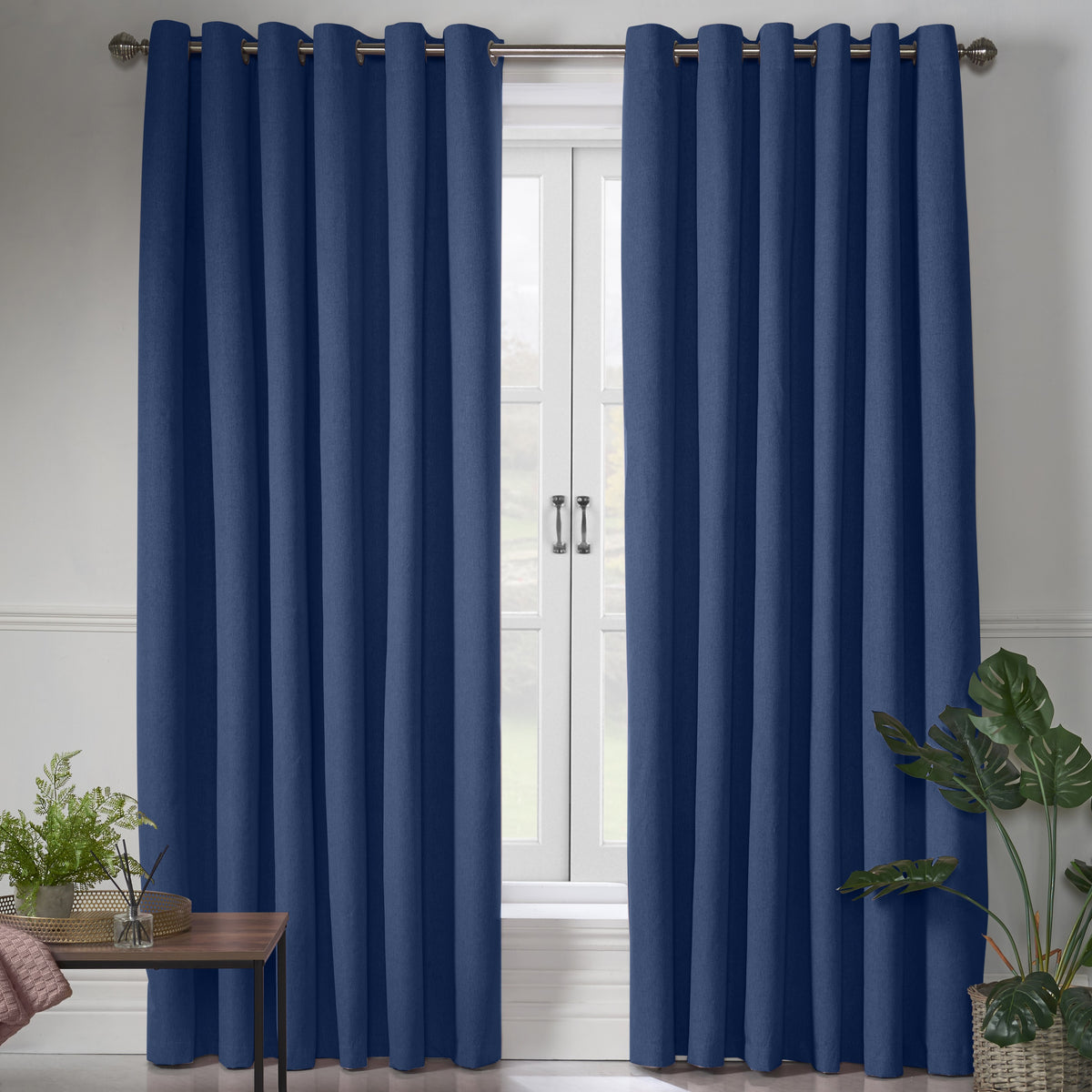 Linen Look Blackout Eyelet Curtains in Blue