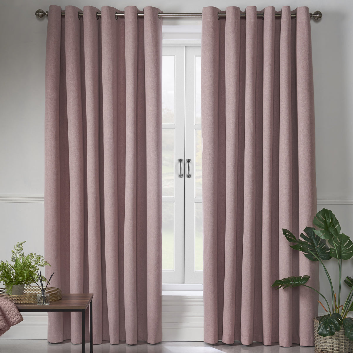 Linen Look Blackout Eyelet Curtains in Blush