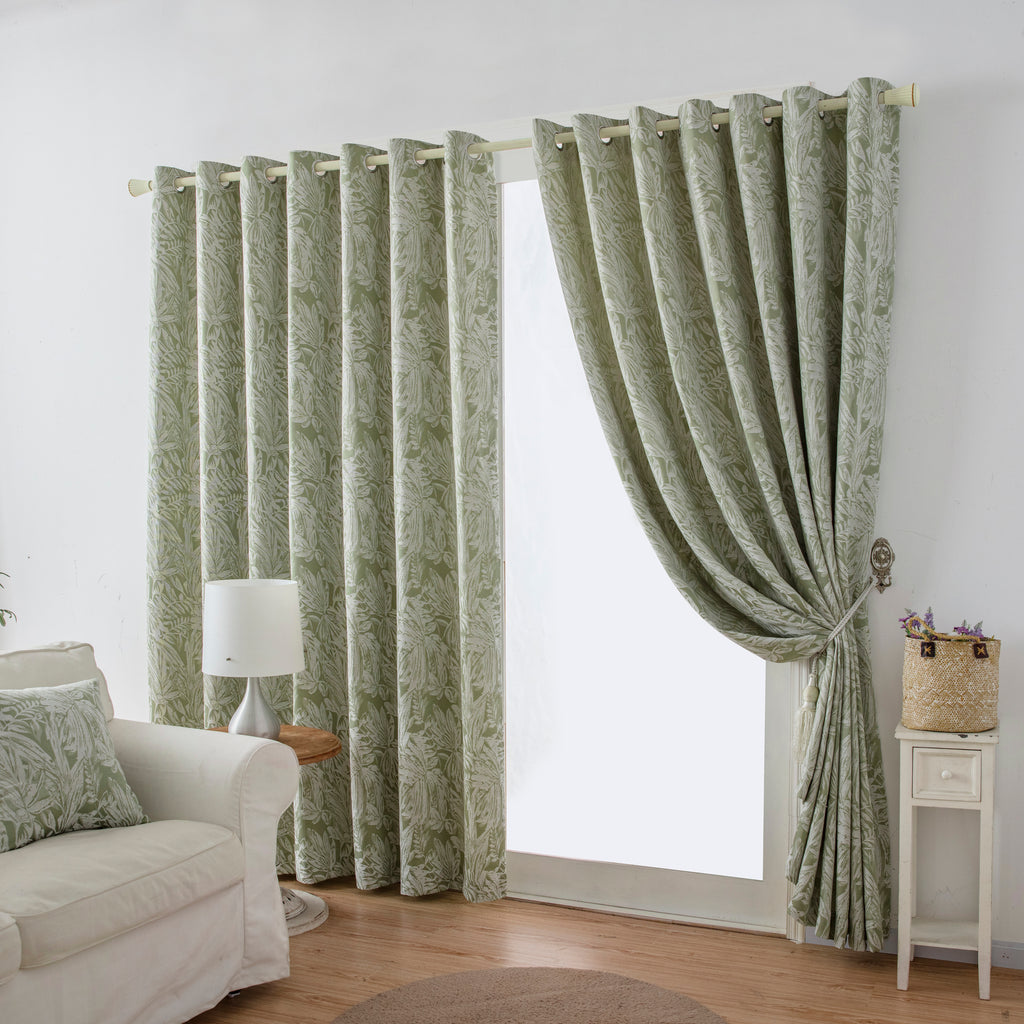 Botanic Chenille Jacquard Lined Eyelet Curtains in Green