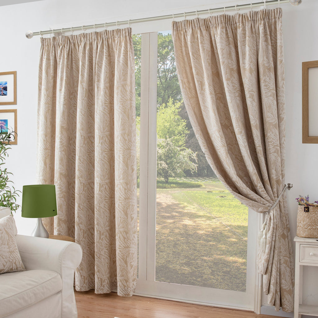 Botanic Chenille Jacquard Lined Pencil Pleat Curtains in Cream