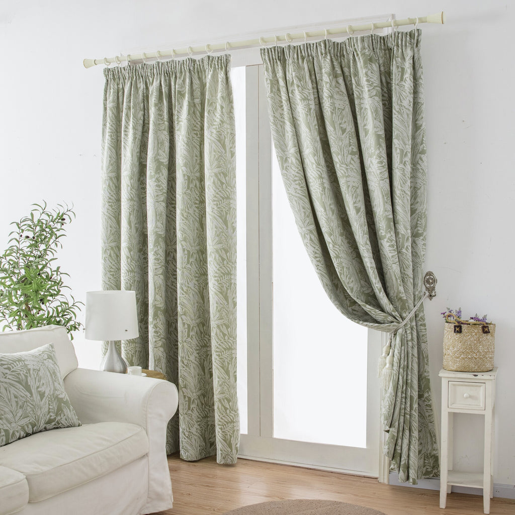 Botanic Chenille Jacquard Lined Pencil Pleat Curtains in Green