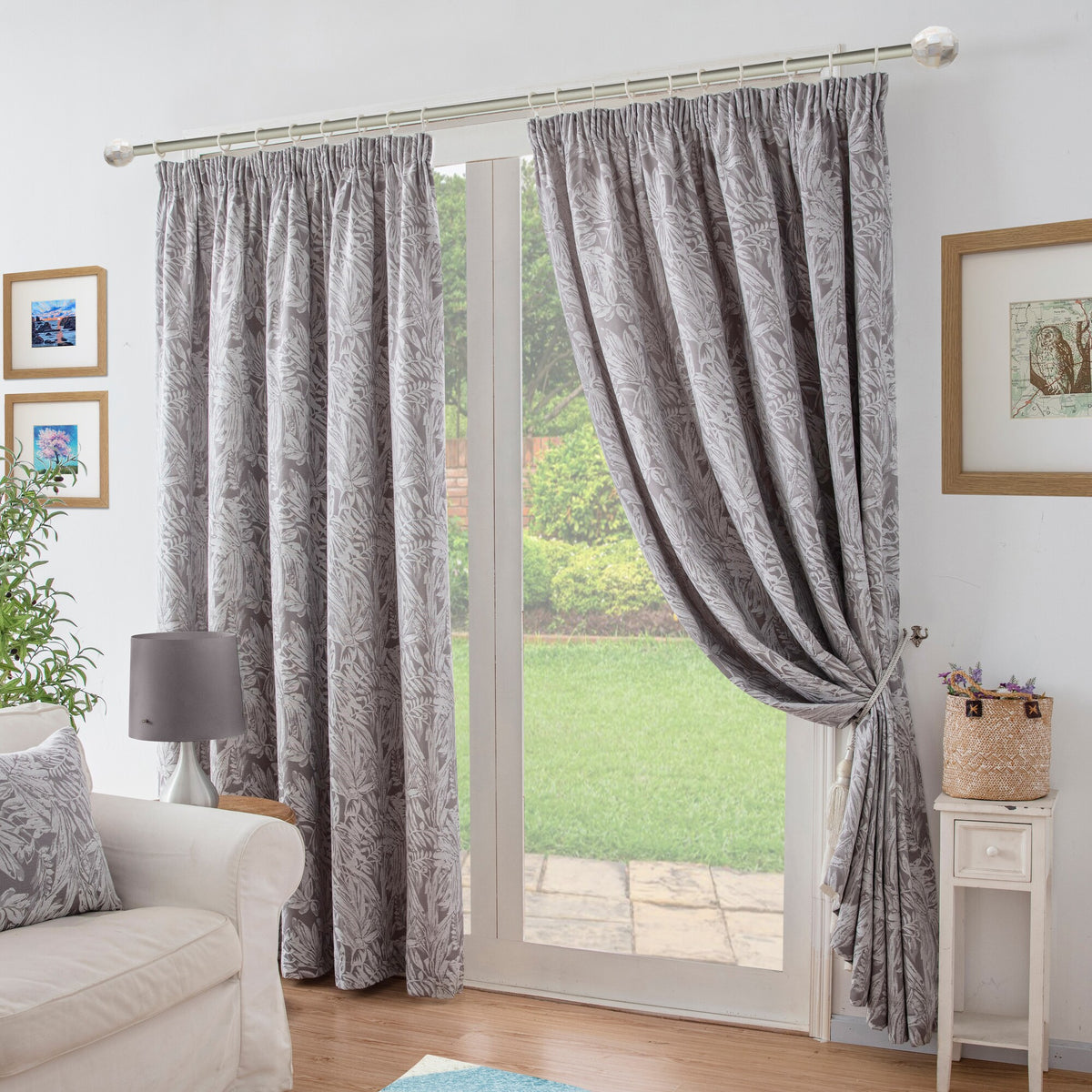 Botanic Chenille Jacquard Lined Pencil Pleat Curtains in Silver