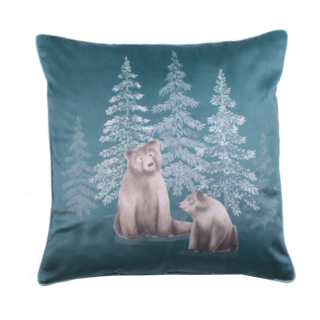 Dreams & Drapes Bear Walks Filled Velvet Cushion in Teal 43 x 43cm