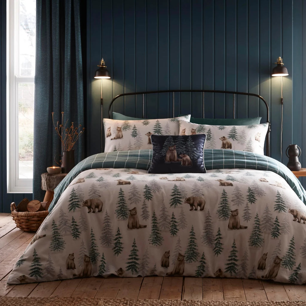 Dreams & Drapes Bear Walks Reversible Brushed Cotton Duvet Cover Set in Natural