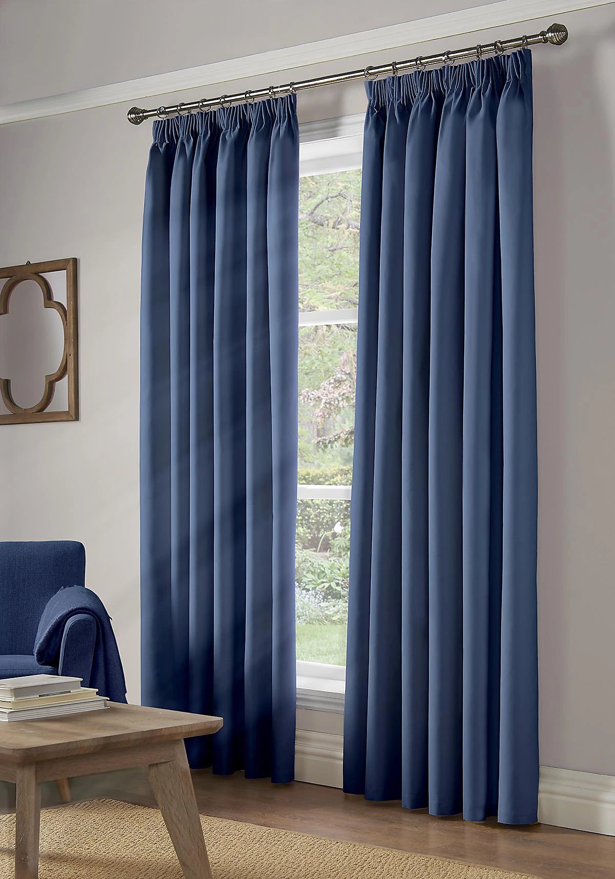 100% Blackout Pencil Pleat Curtains in Blue