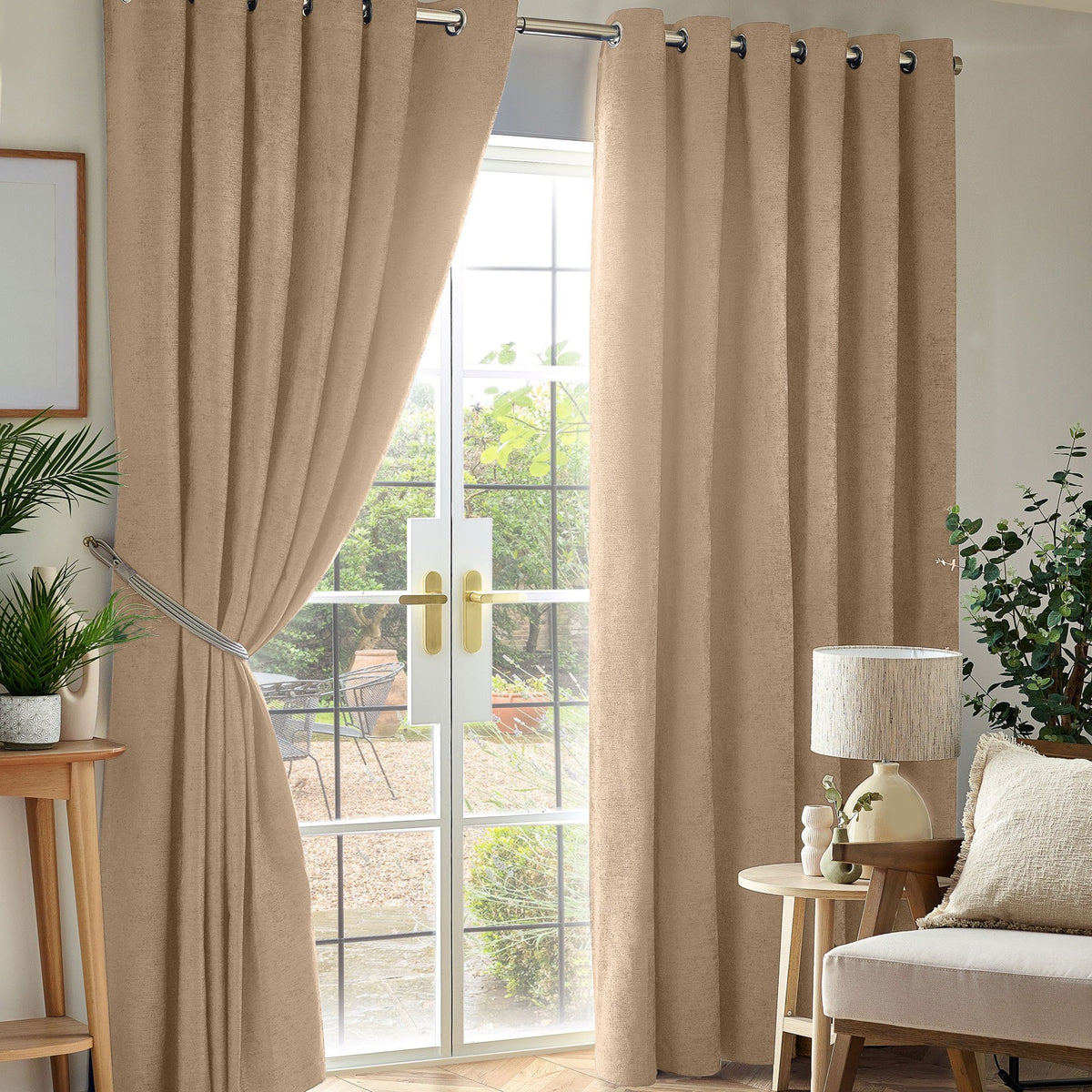 Chenille Thermal Blackout Eyelet Curtains in Beige