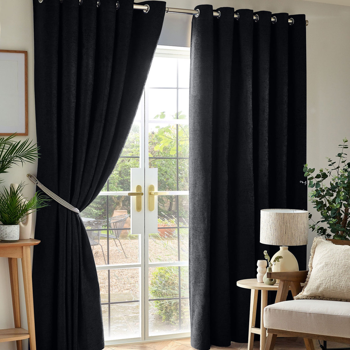 Chenille Thermal Blackout Eyelet Curtains in Black