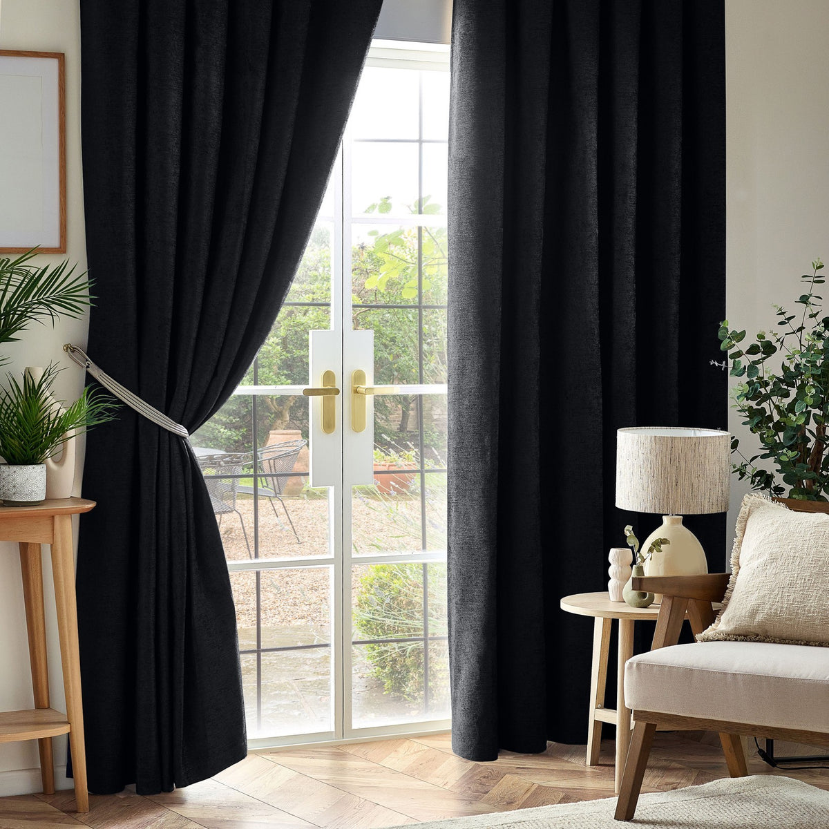 Chenille Thermal Blackout Pencil Pleat Curtains in Black