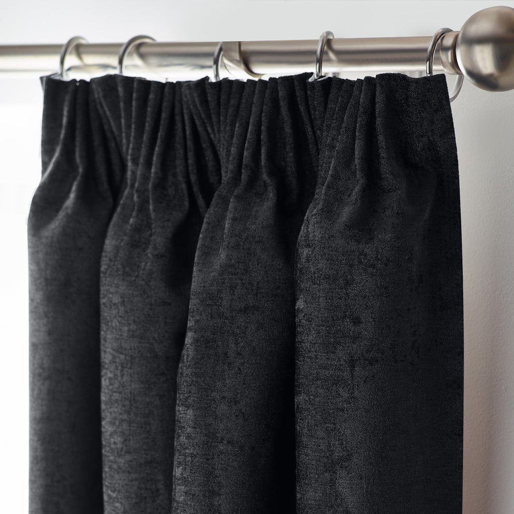 Chenille Thermal Blackout Pencil Pleat Curtains in Black