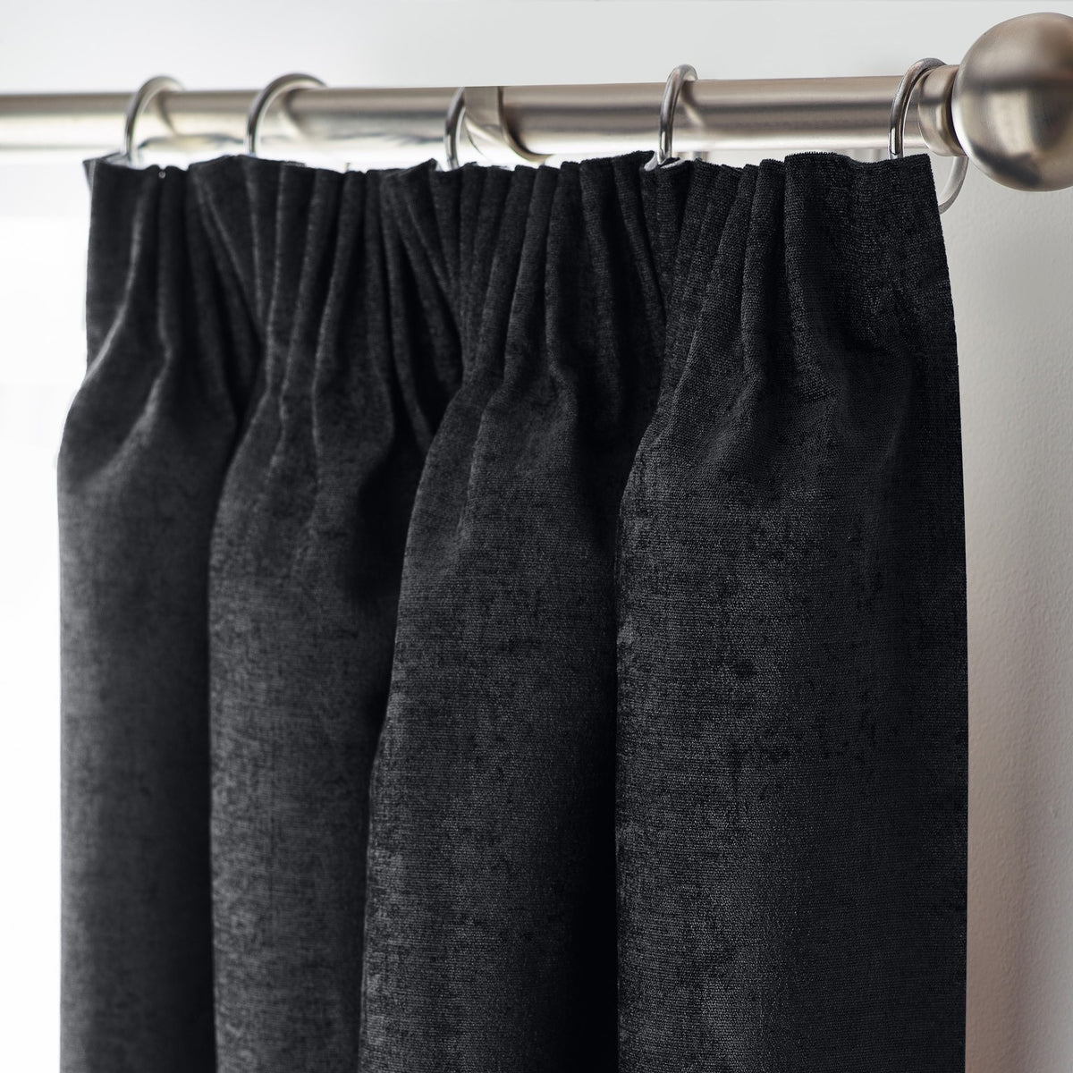 Chenille Thermal Blackout Pencil Pleat Curtains in Black