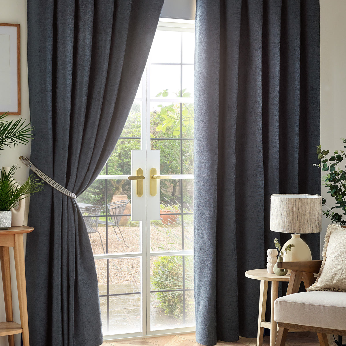 Chenille Thermal Blackout Pencil Pleat Curtains in Charcoal
