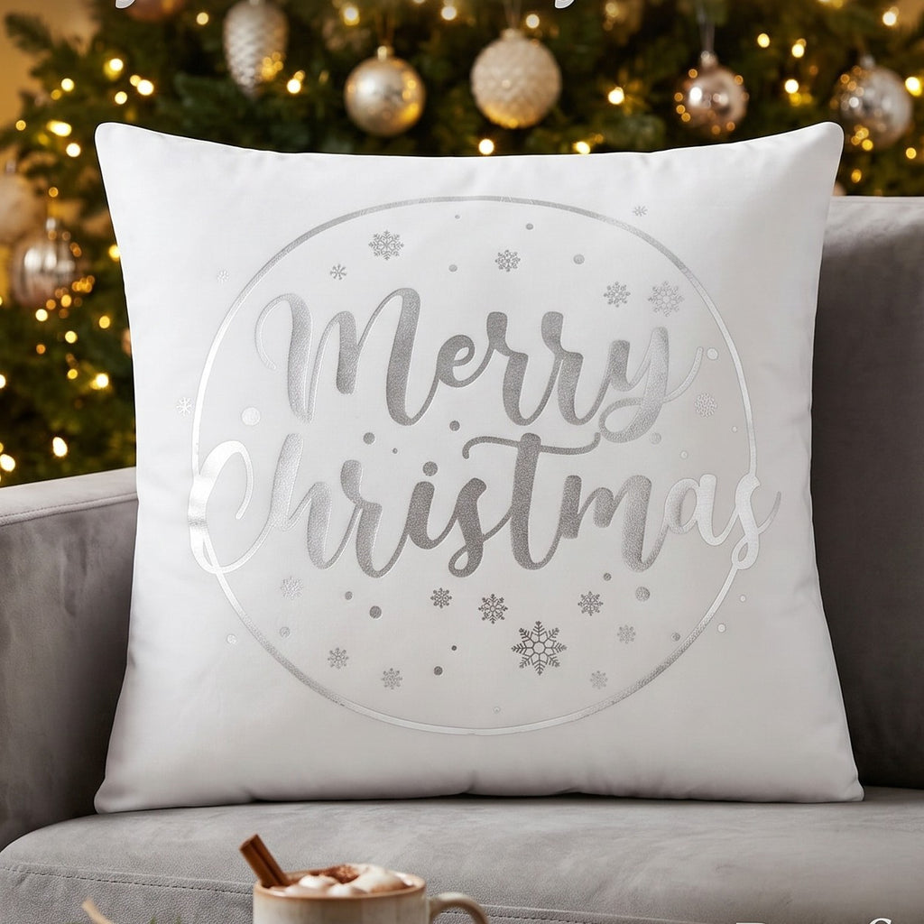 Merry Christmas White & Silver Velvet Cushion