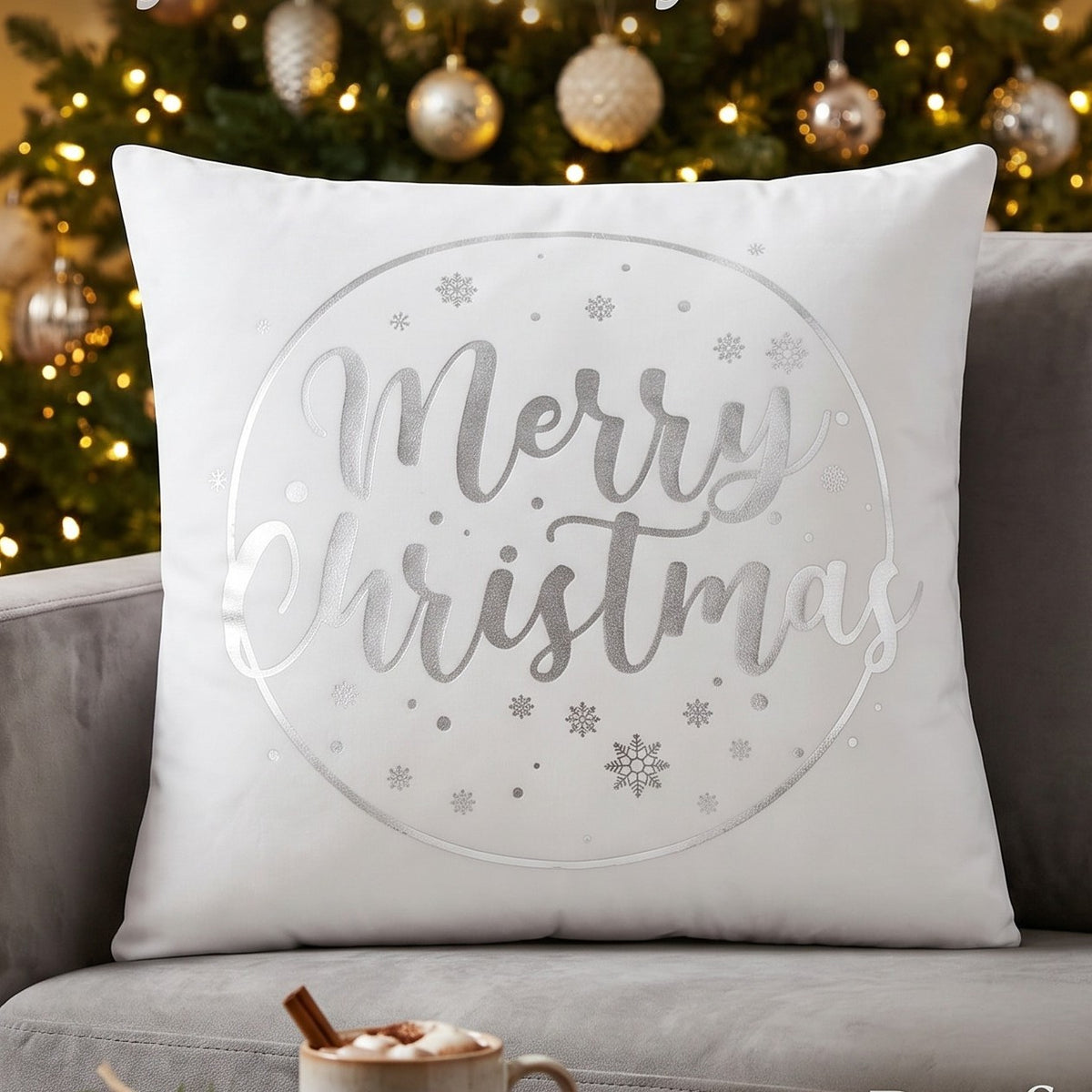 Merry Christmas White & Silver Velvet Cushion