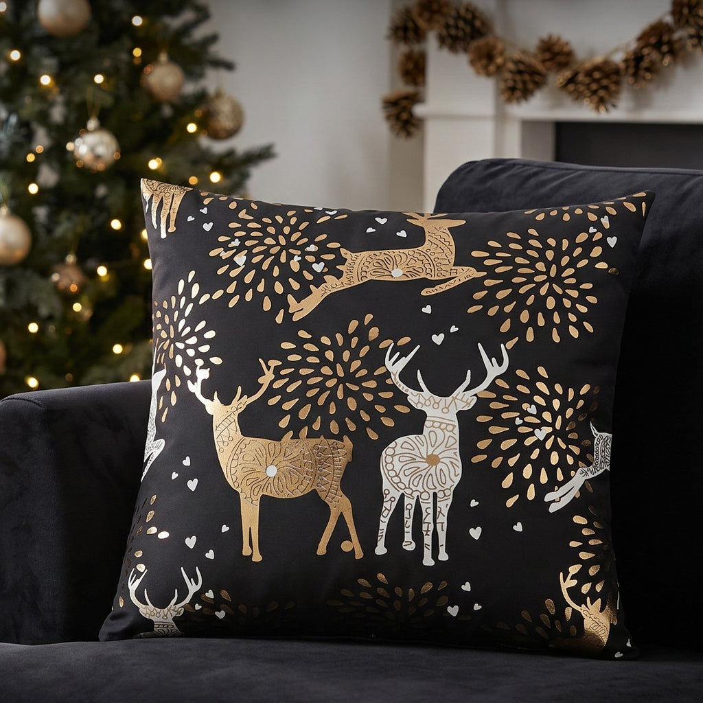 Reindeer Gold Velvet Christmas Cushion