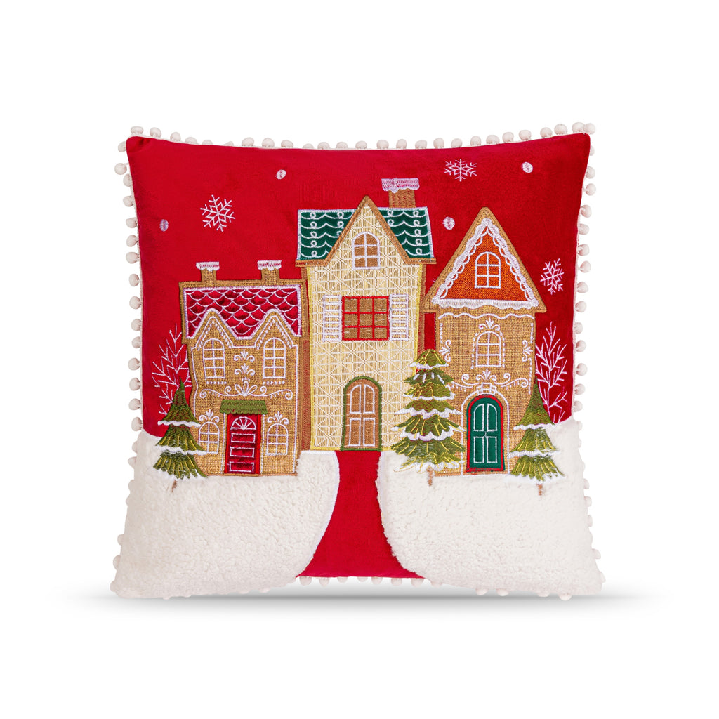 Christmas Village Embroidered Cushion in Red