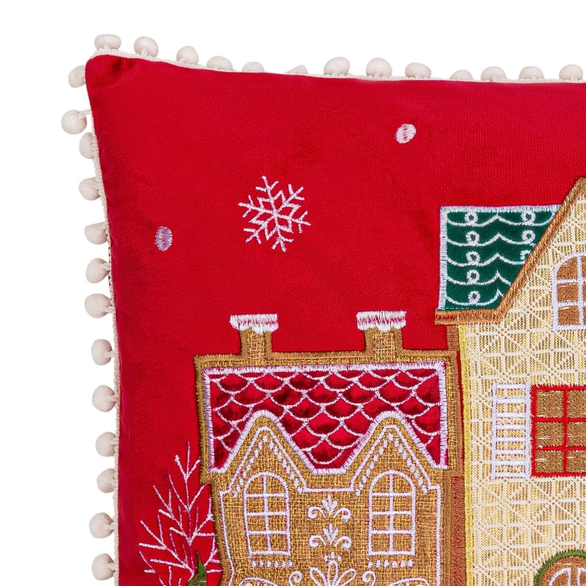 Christmas Village Embroidered Cushion in Red