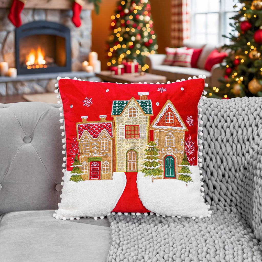 Christmas Village Embroidered Cushion in Red