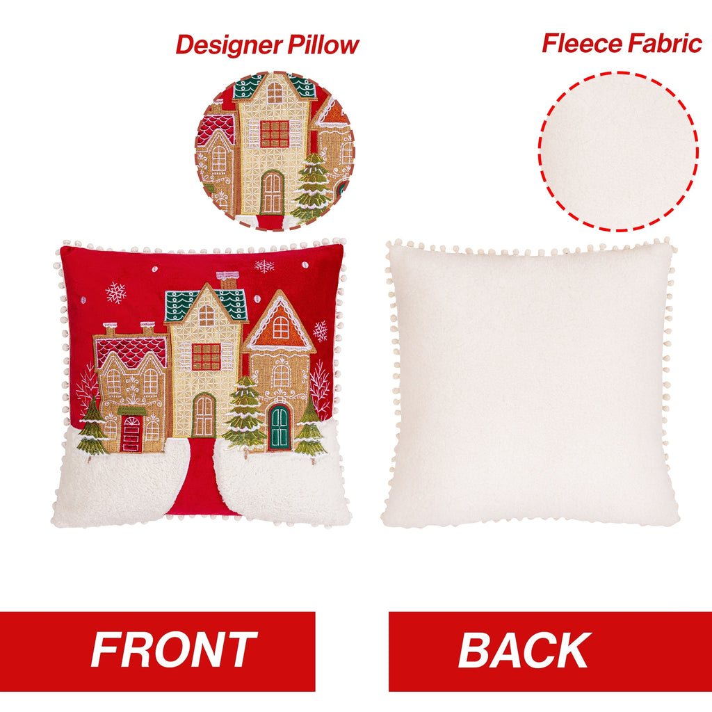 Christmas Village Embroidered Cushion in Red