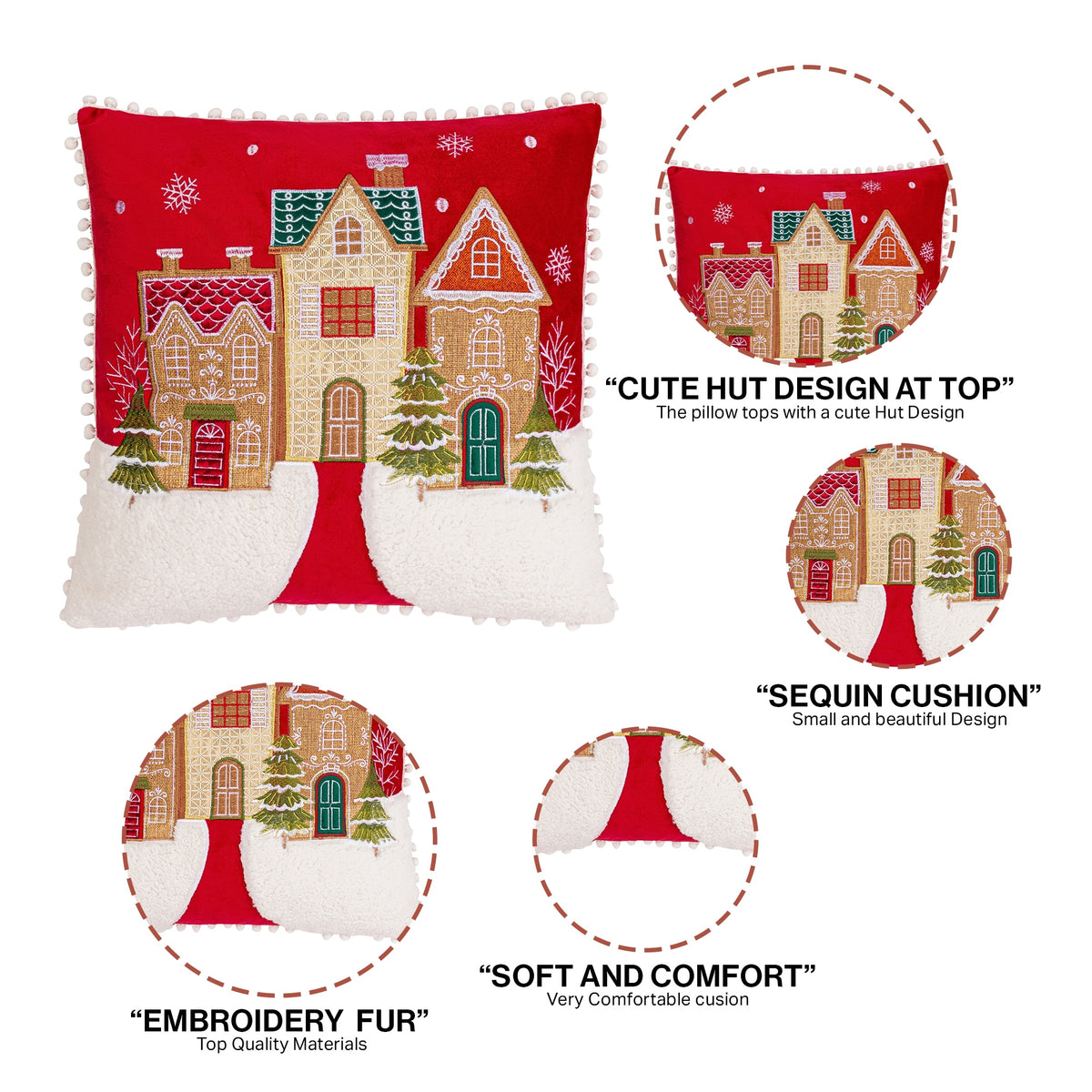 Christmas Village Embroidered Cushion in Red