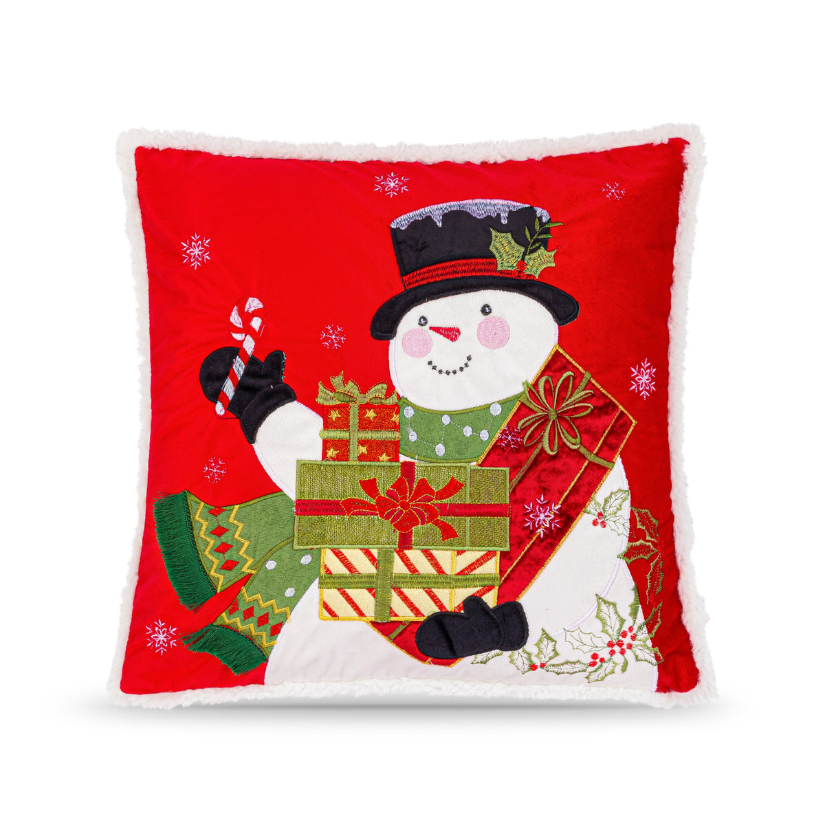 Snowman Embroidered Christmas Cushion in Red