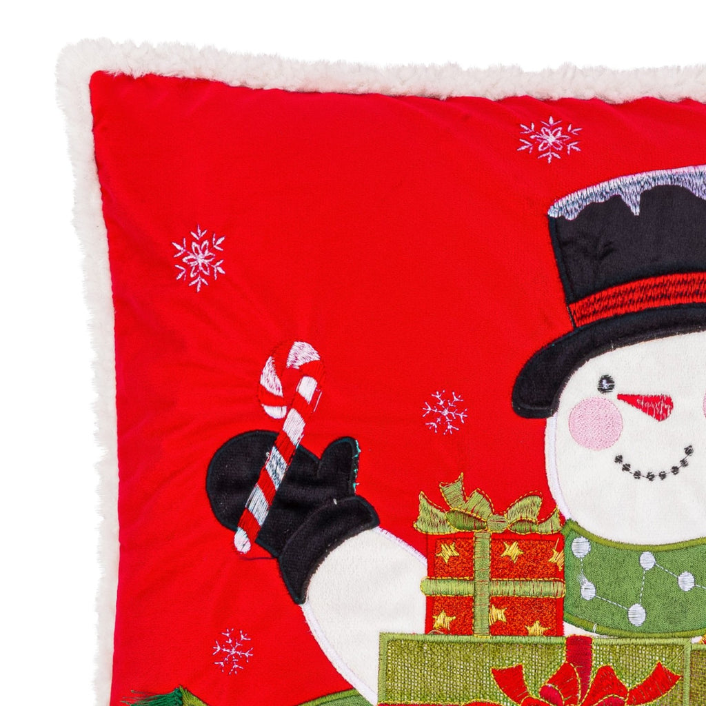 Snowman Embroidered Christmas Cushion in Red