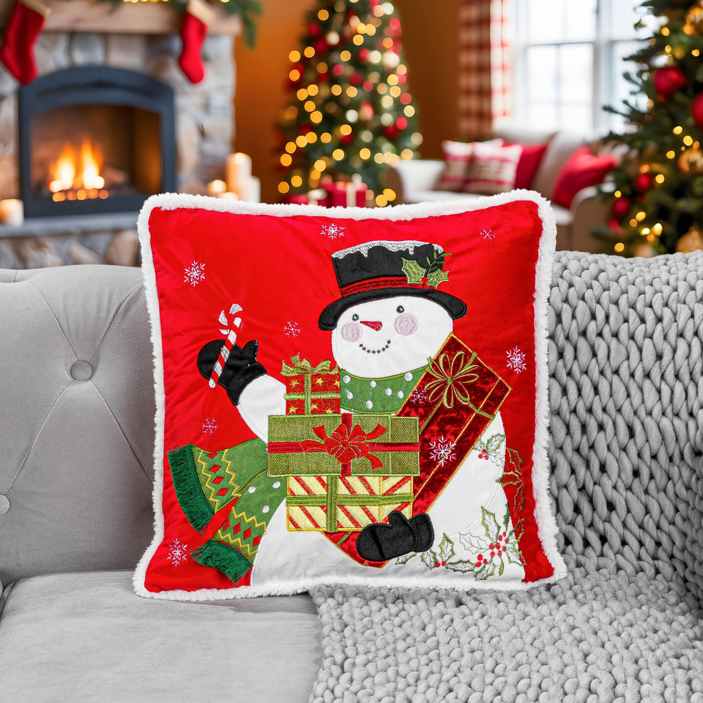 Snowman Embroidered Christmas Cushion in Red