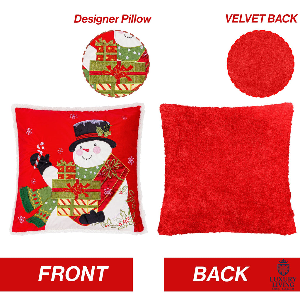 Snowman Embroidered Christmas Cushion in Red