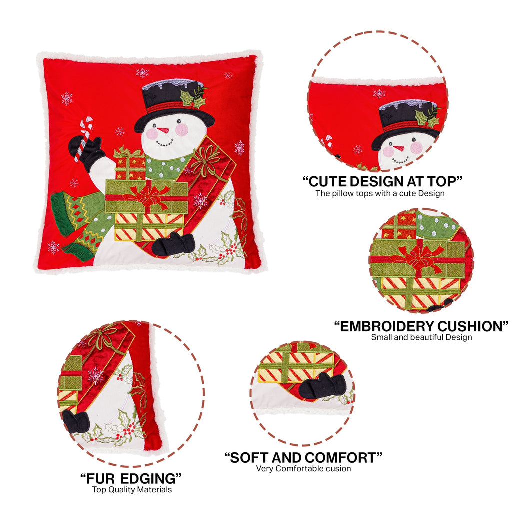 Snowman Embroidered Christmas Cushion in Red