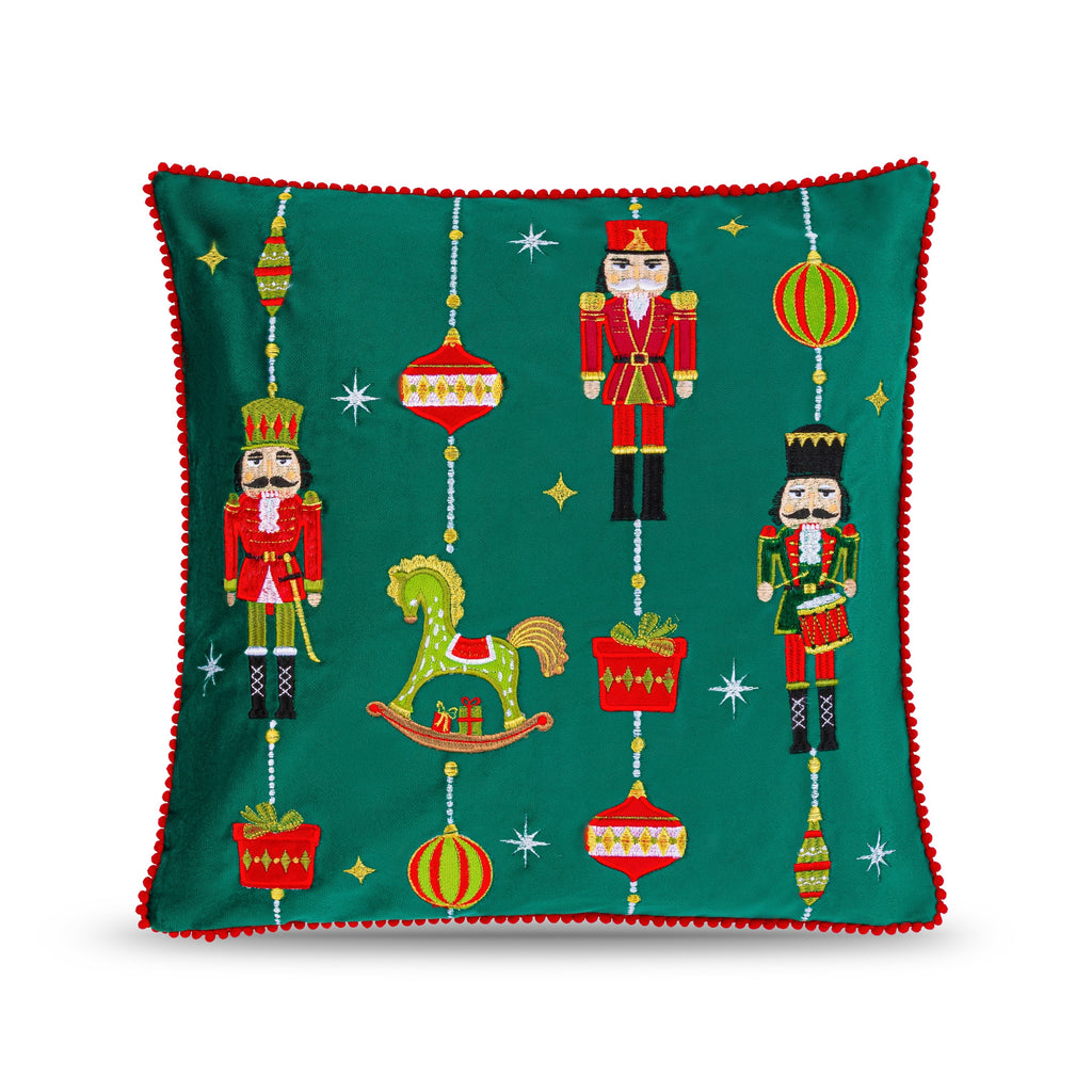 Drummers Embroidered Christmas Cushion in Green