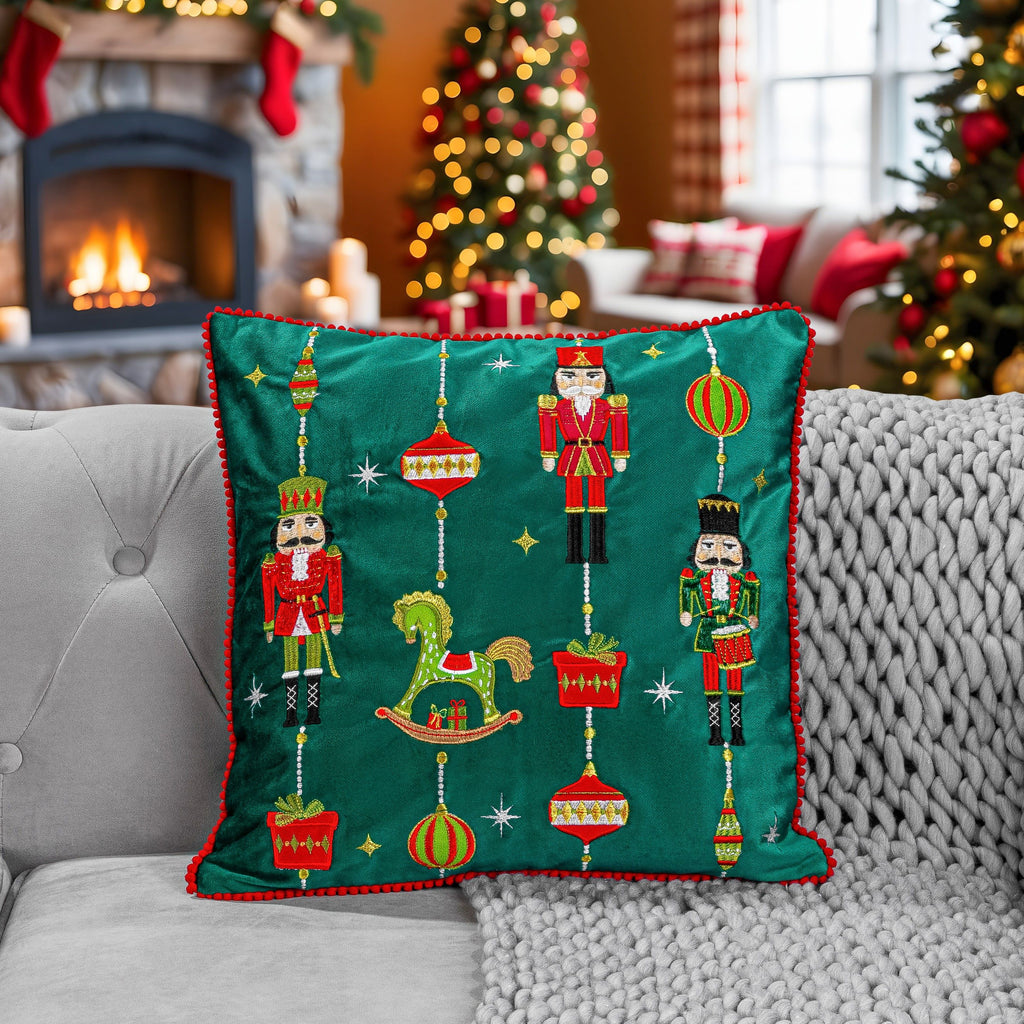 Drummers Embroidered Christmas Cushion in Green