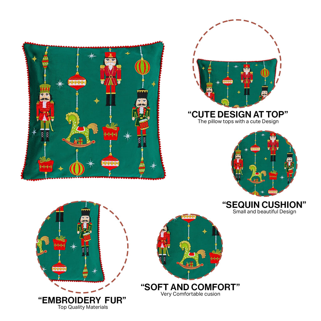 Drummers Embroidered Christmas Cushion in Green