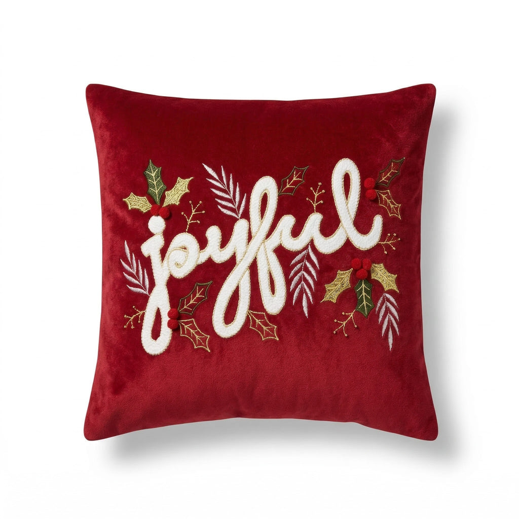 Joyful Embroidered Christmas Cushion in Red