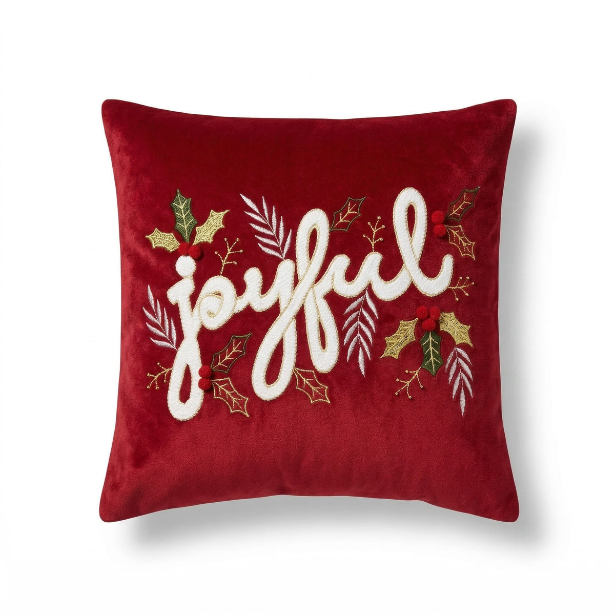 Joyful Embroidered Christmas Cushion in Red