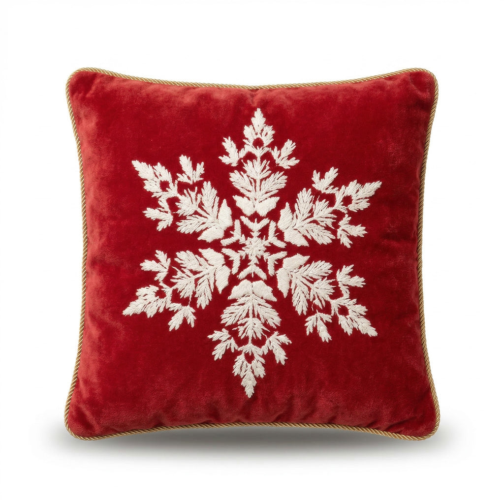 Snowflake Embroidered Christmas Cushion in Red
