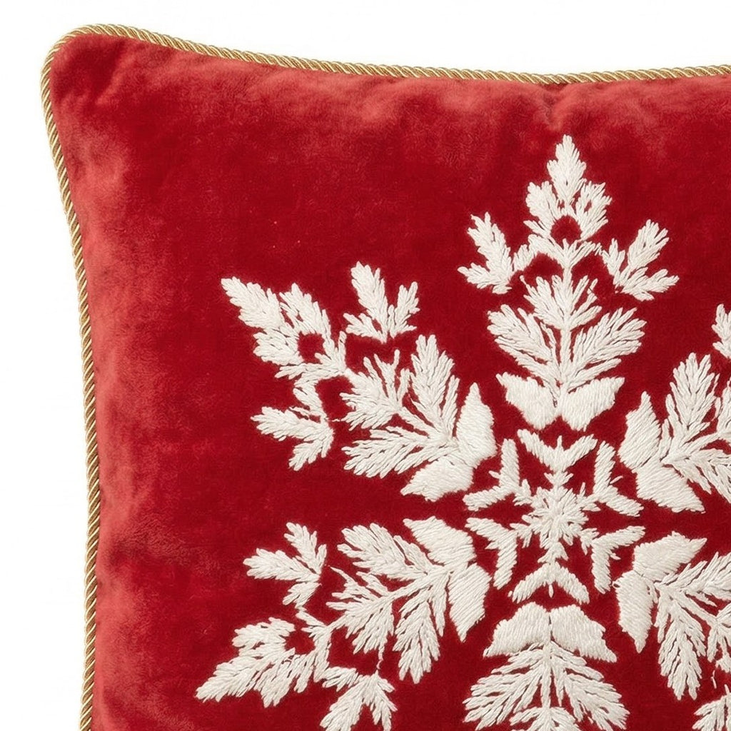Snowflake Embroidered Christmas Cushion in Red