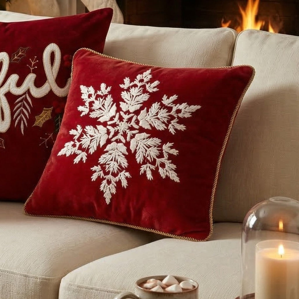 Snowflake Embroidered Christmas Cushion in Red