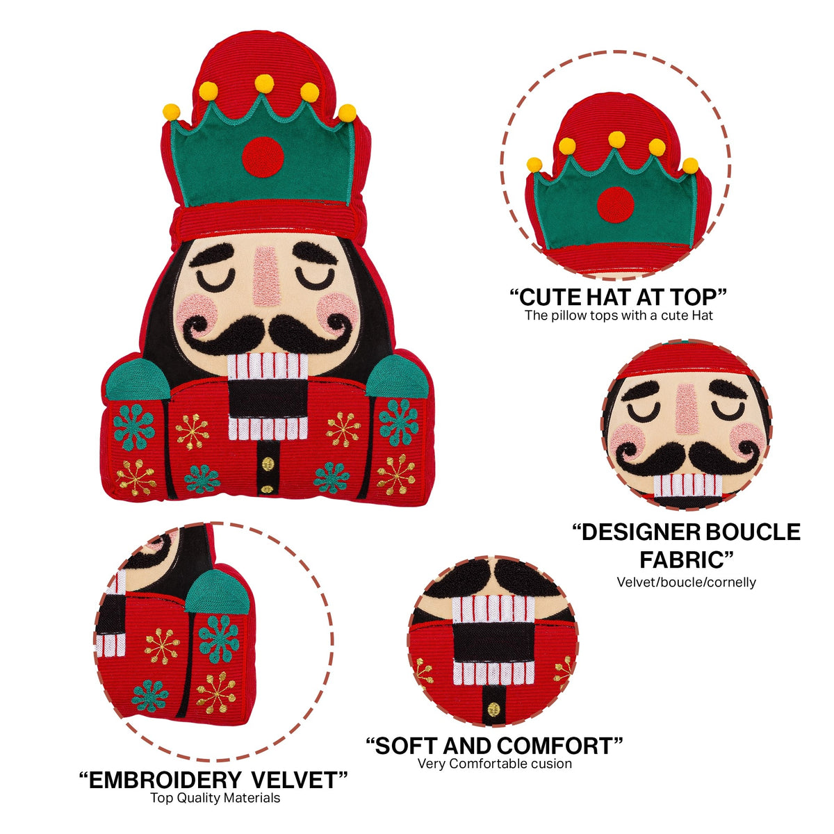 Nutcracker Embroidered Shaped Christmas Cushion