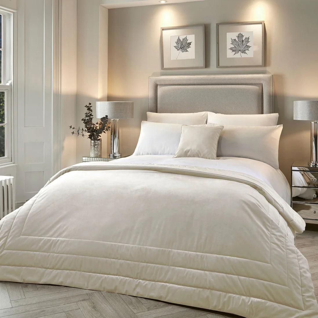Laurence Llewelyn-Bowen Chic Velvet Quilted Bedspread in Ivory 150 x 220cm