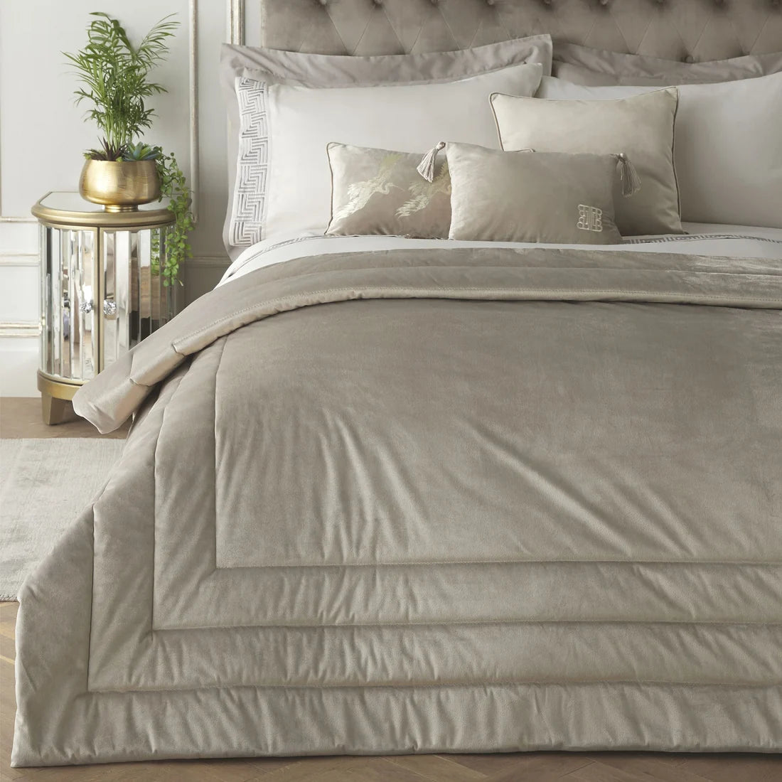 Laurence Llewelyn-Bowen Chic Velvet Quilted Bedspread in Oyster 150 x 220cm