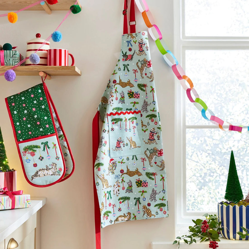 Ulster Weavers Christmas Cats Cotton Apron in Seafoam Green