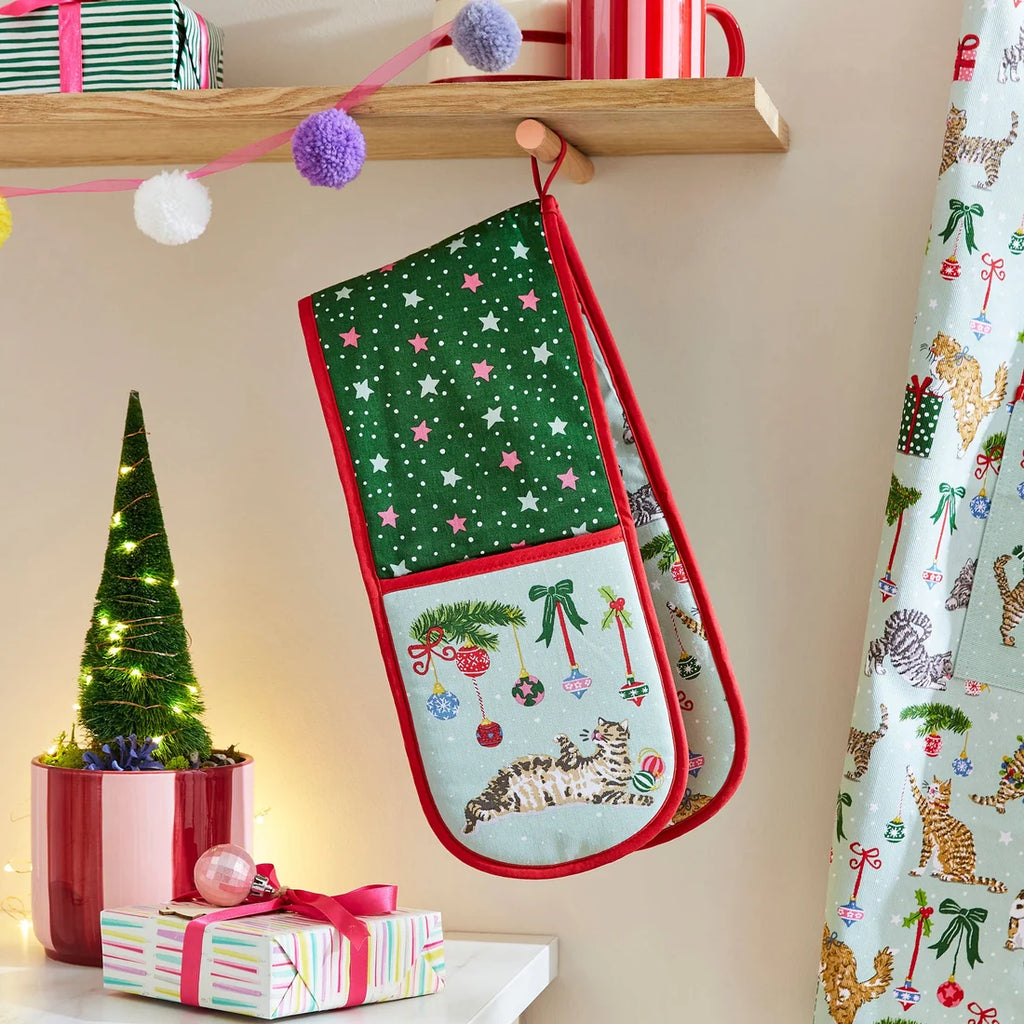 Ulster Weavers Christmas Cats Double Oven Glove in Seafoam Green