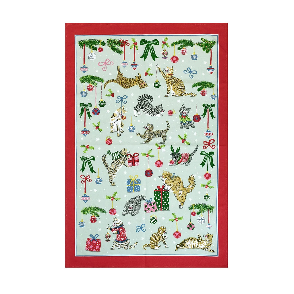 Ulster Weavers Christmas Cats Cotton Tea Towel in Seafoam Green