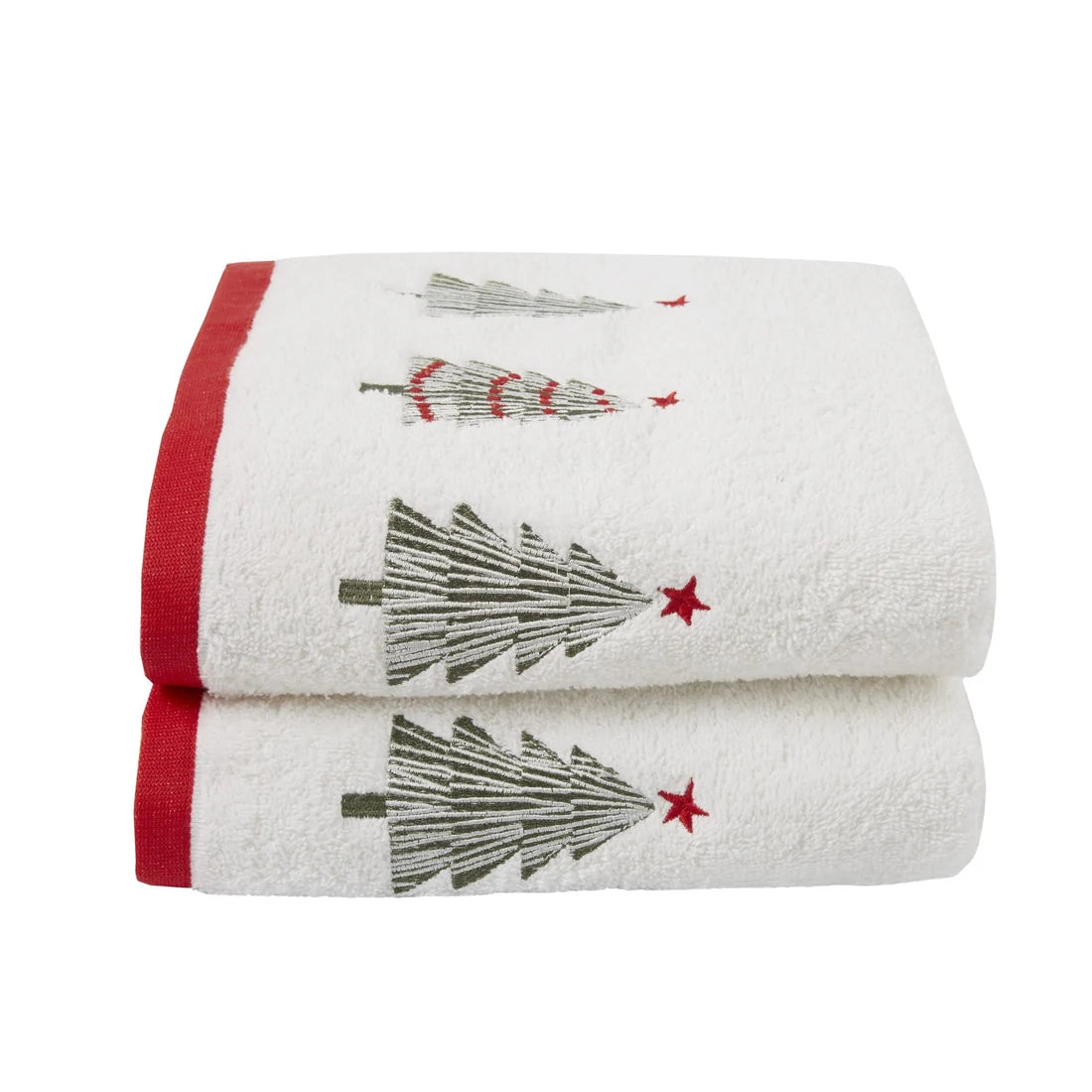 Fusion Christmas Trees Embroidered Hand Towels 2 Pack in White 50 x 90cm
