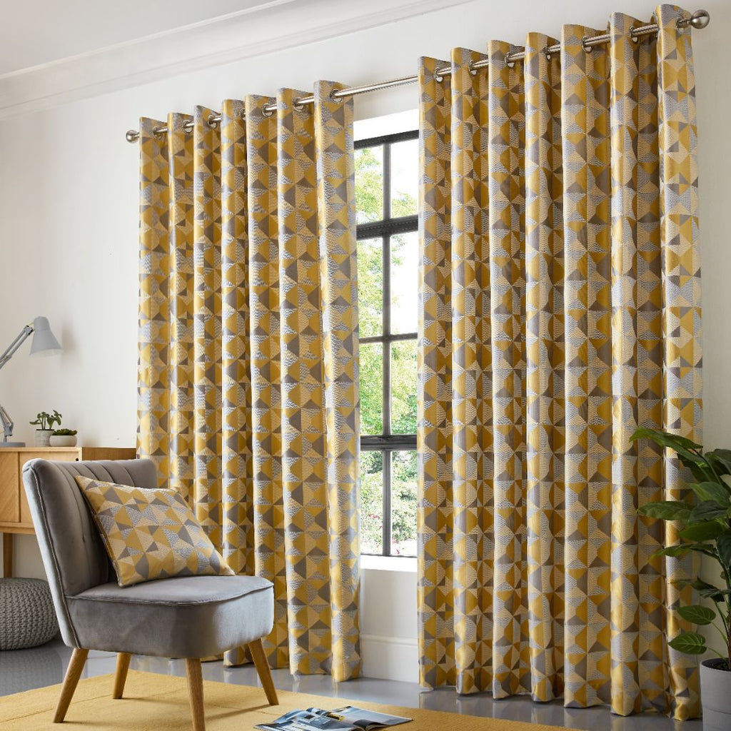Skandi Geometric Jacquard Lined Eyelet Curtains in Ochre